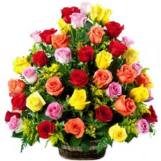 Fragrant Arrangement of Multicoloured Roses in Basket